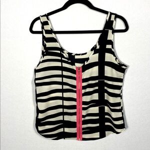 B Jewel Black and White Striped Tank Top with back pink zipper detail